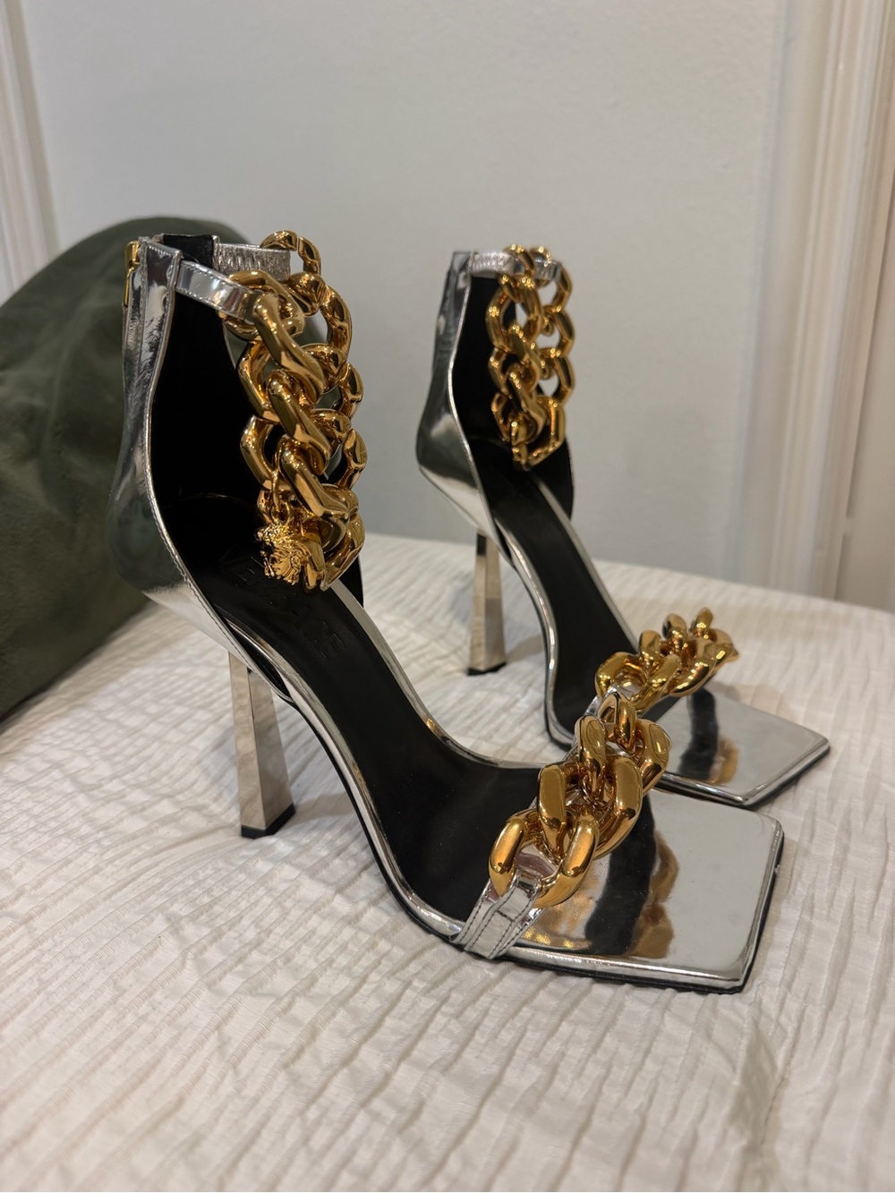 Versace Silver Mirror Patent Heels with Gold Chain Trim